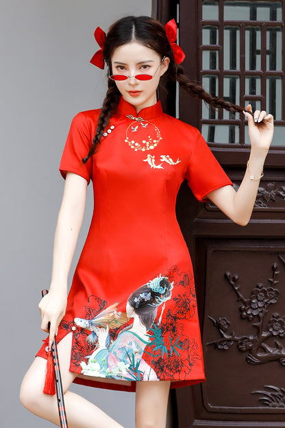 Women's Chinese Cheongsam Print Mini Dress