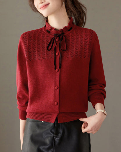 Ribbon Tie Knit Cardigan Long Sleeve Elegant Sweater Tops
