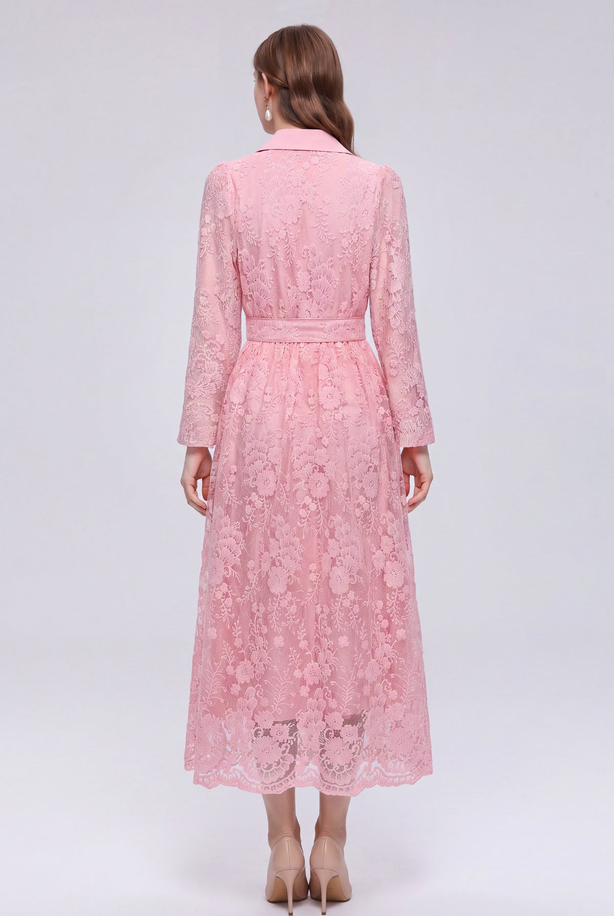 28680-Lace Belted Blazer Dress – Pink & Forest Green | Long Sleeve A-Line Dress
