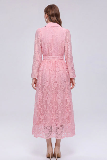 28680-Lace Belted Blazer Dress – Pink & Forest Green | Long Sleeve A-Line Dress