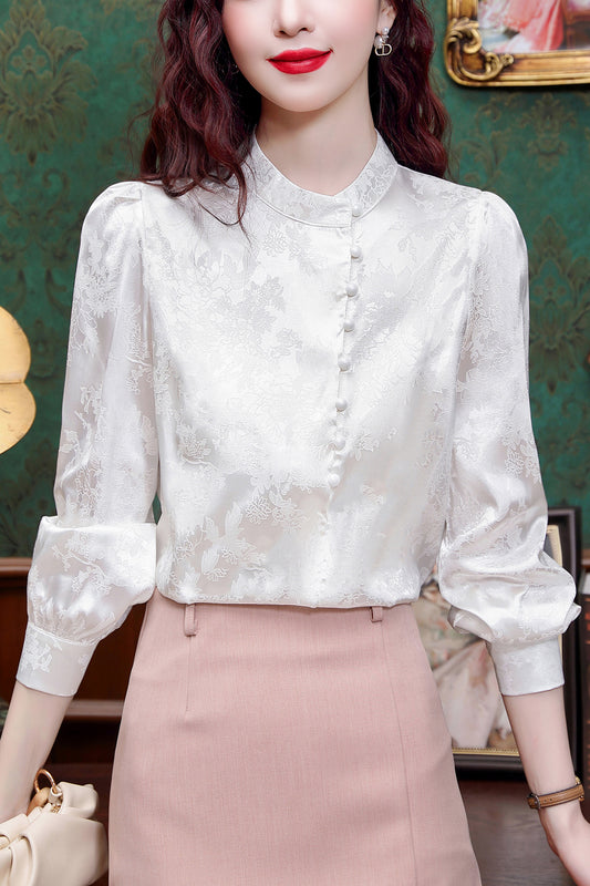 Women's Silk Satin Jacquard Long Sleeve Blouses