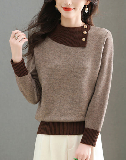 Chic Color-Block Knit Sweater – Asymmetric Neck Pullover Tops