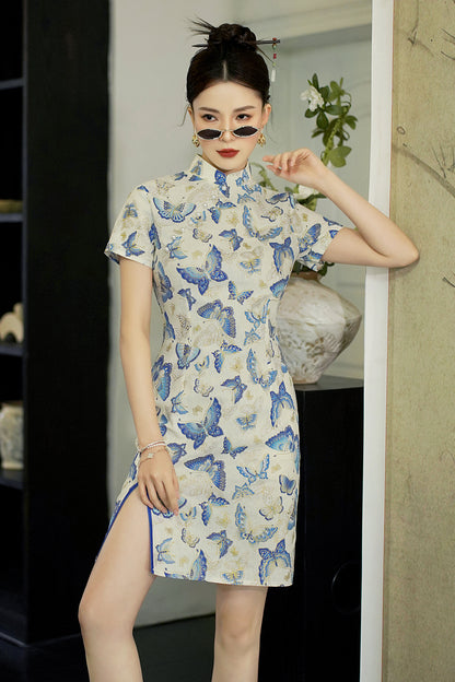 Women's Chinese Cheongsam Print Side Slit Mini Dress