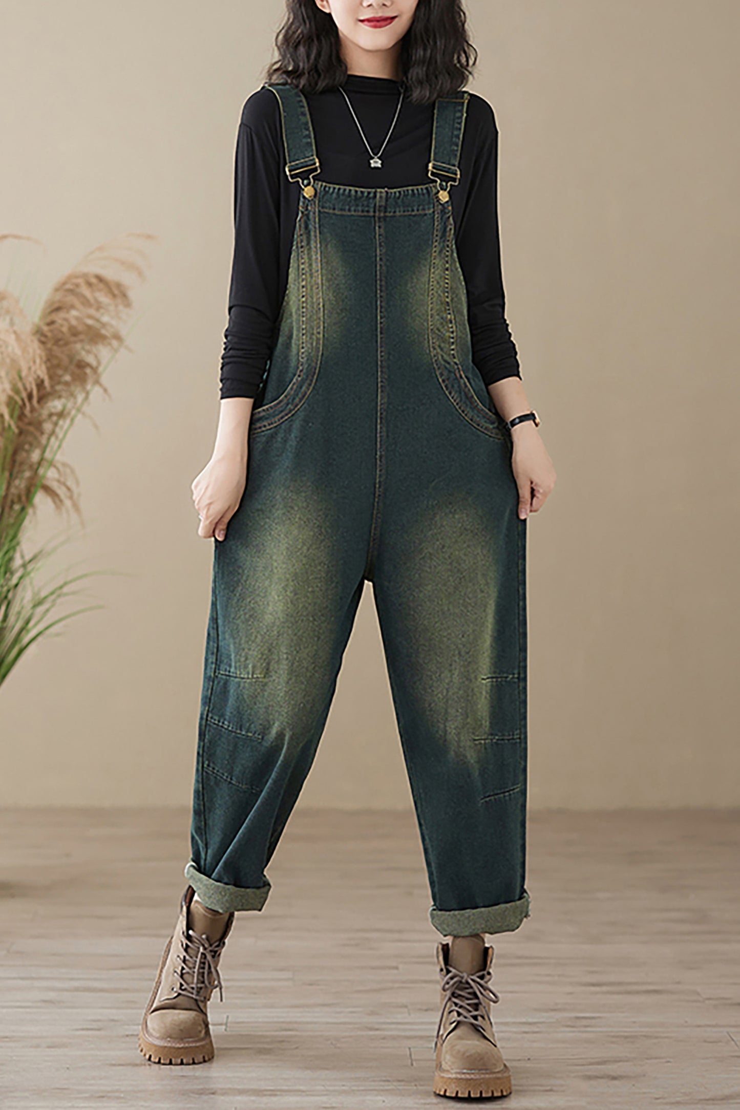 Stretchy Loose Bib Overalls with Pockets