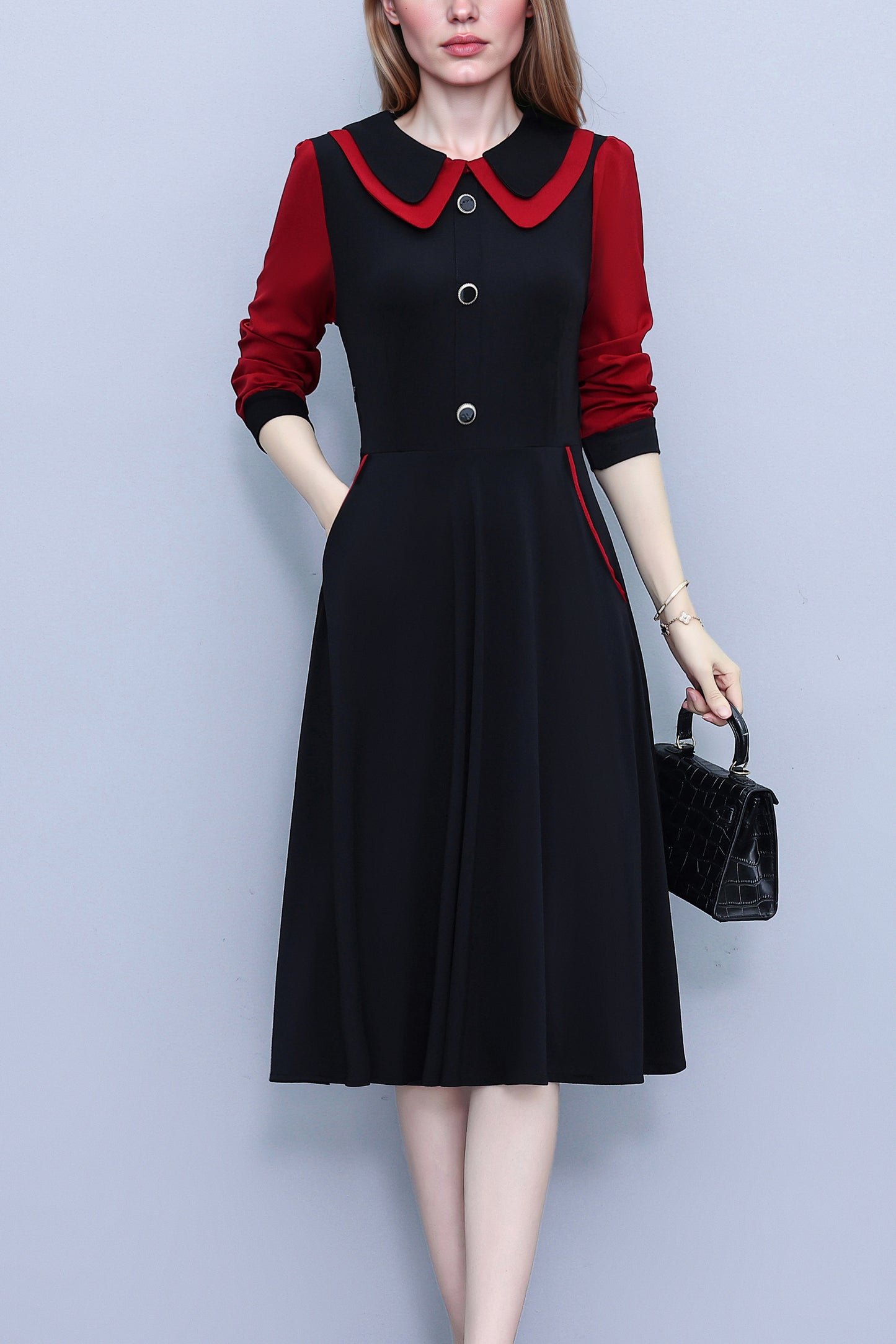 Women's Peter Pan Collar Long Sleeve Black Dress with Pocket