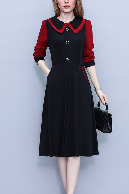 Women's Peter Pan Collar Long Sleeve Black Dress with Pocket