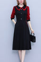 Women's Peter Pan Collar Long Sleeve Black Dress with Pocket