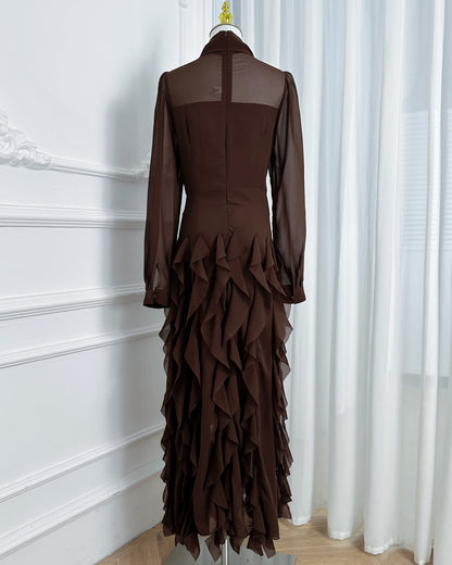 Elegant Chiffon Maxi Dress with Scarf Neck & Rhinestone Fringe