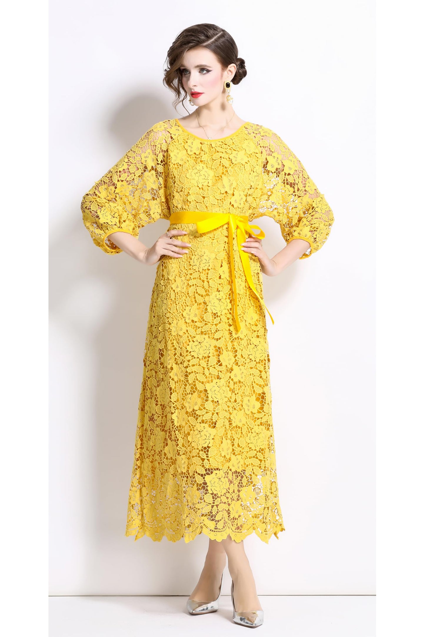 Womens Lace Puff Sleeves Elegant Maxi Dress