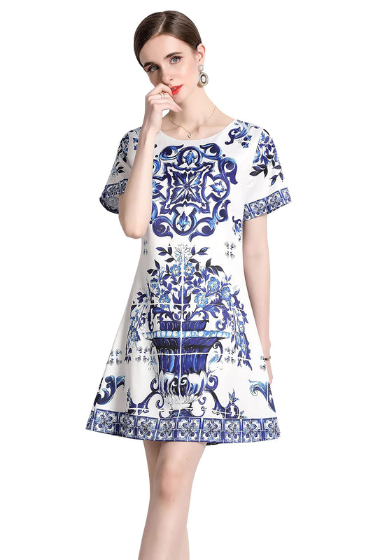Women's Floral Print Short Sleeve Casual A-line Mini Dress