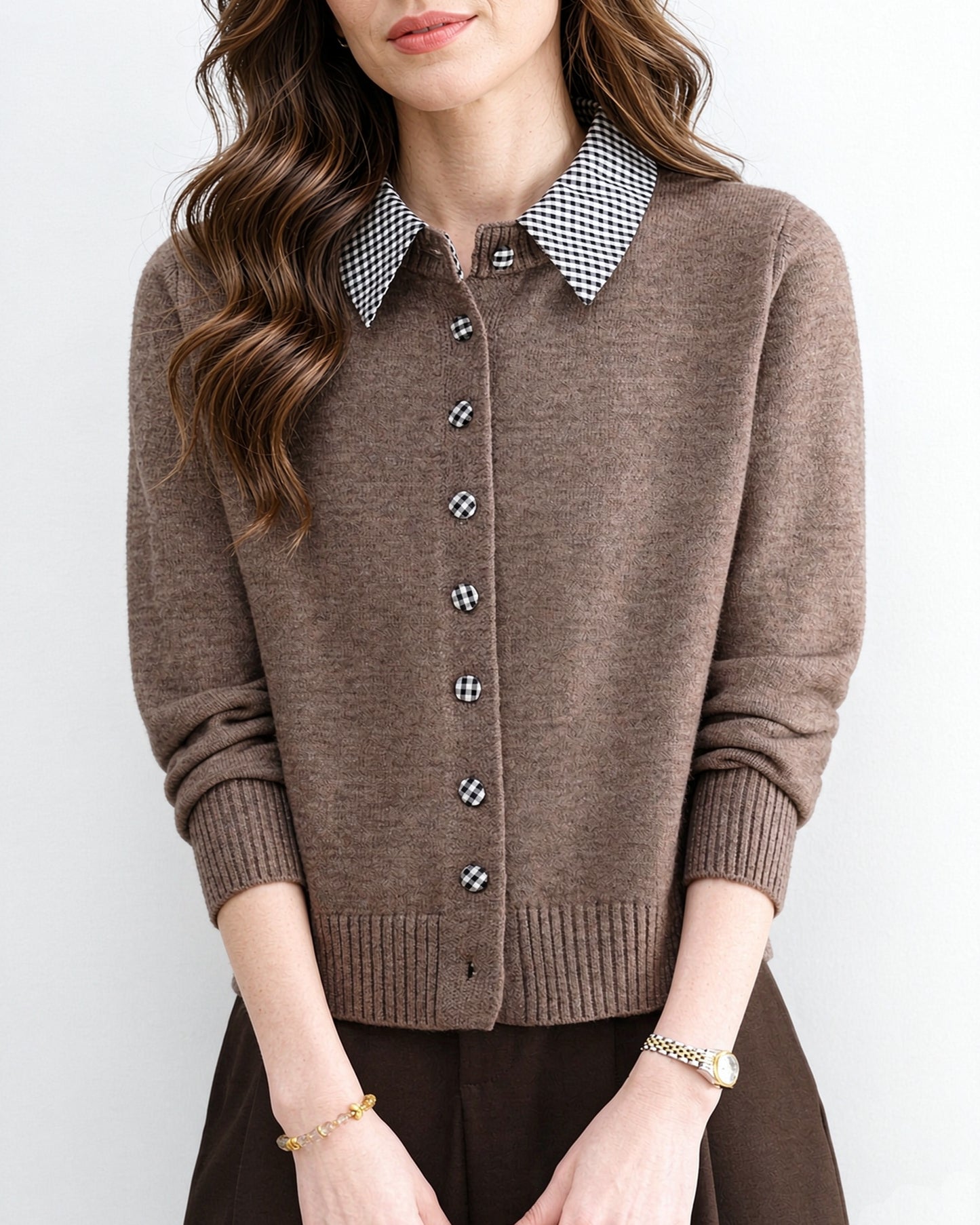 Contrast Gingham Collar Knit Cardigan – Vintage Button Sweater Top
