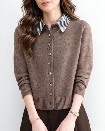 Contrast Gingham Collar Knit Cardigan – Vintage Button Sweater Top
