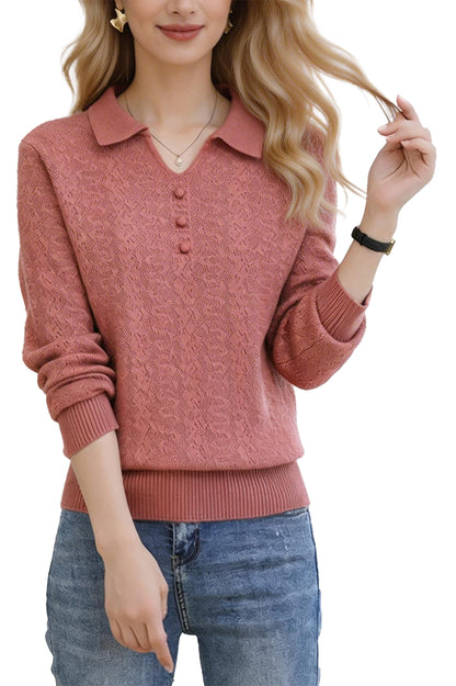 Women's Pink Polo Knit Top — V-Neck & Long Sleeve Ribbet Knitted