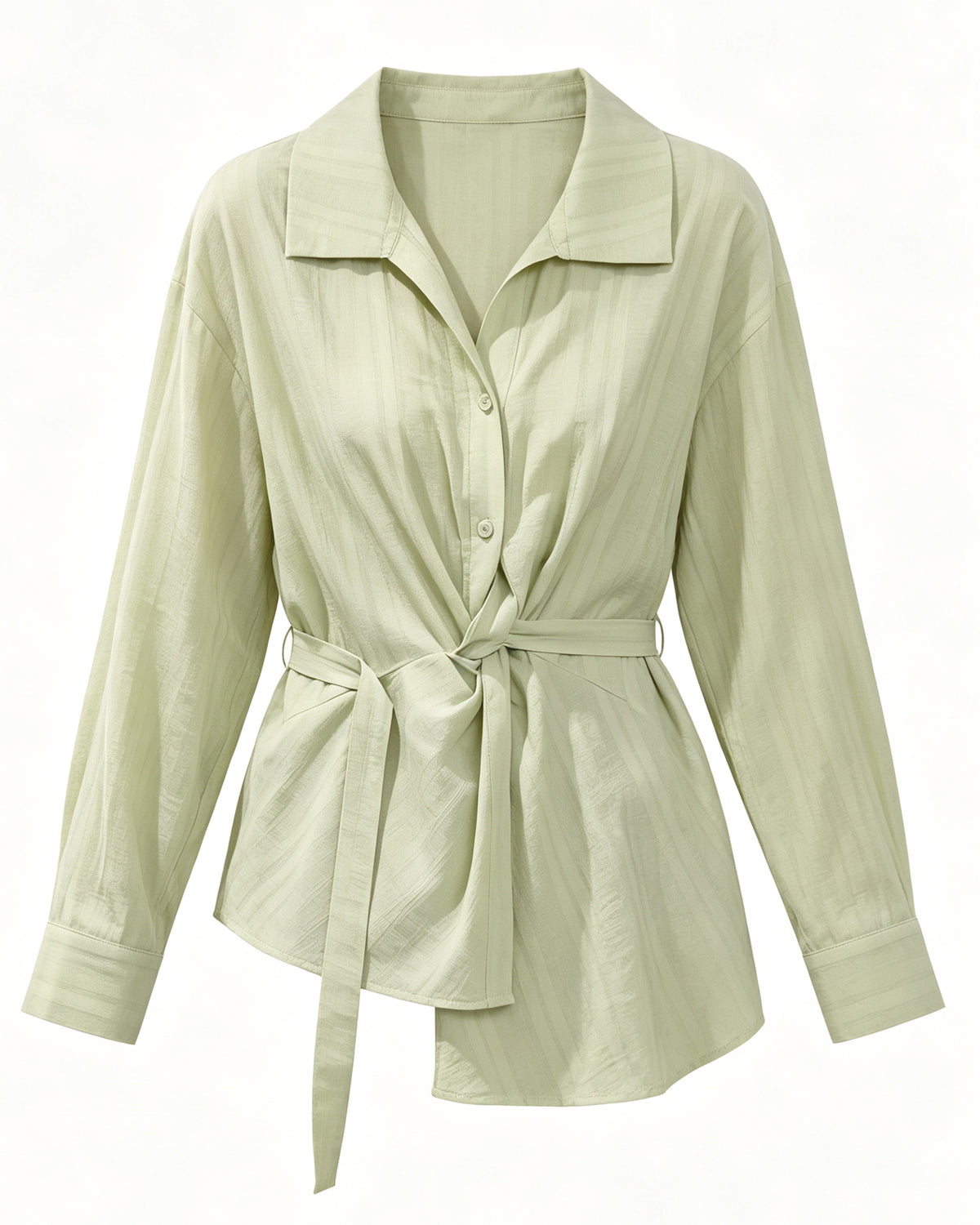 Sage Green Tie-Waist Button-Up Shirt Jacket