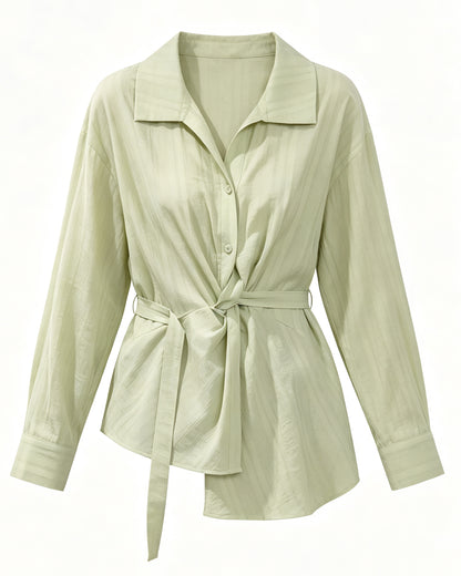 Sage Green Tie-Waist Button-Up Shirt Jacket