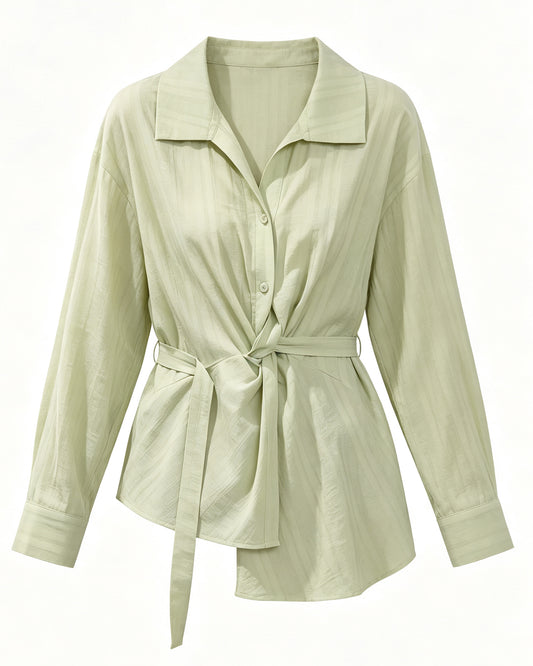 Sage Green Tie-Waist Button-Up Shirt Jacket