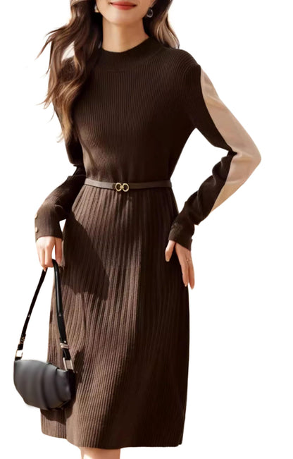 Elegant Contrast Sleeve Ribbed Knit Midi Dress – Timeless Autumn Charm