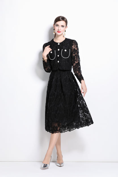 2 Pieces Chiffon Lace Button Midi Dress