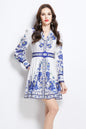 Women's Lapel V-Neck Floral Print Pleats Mini Dress