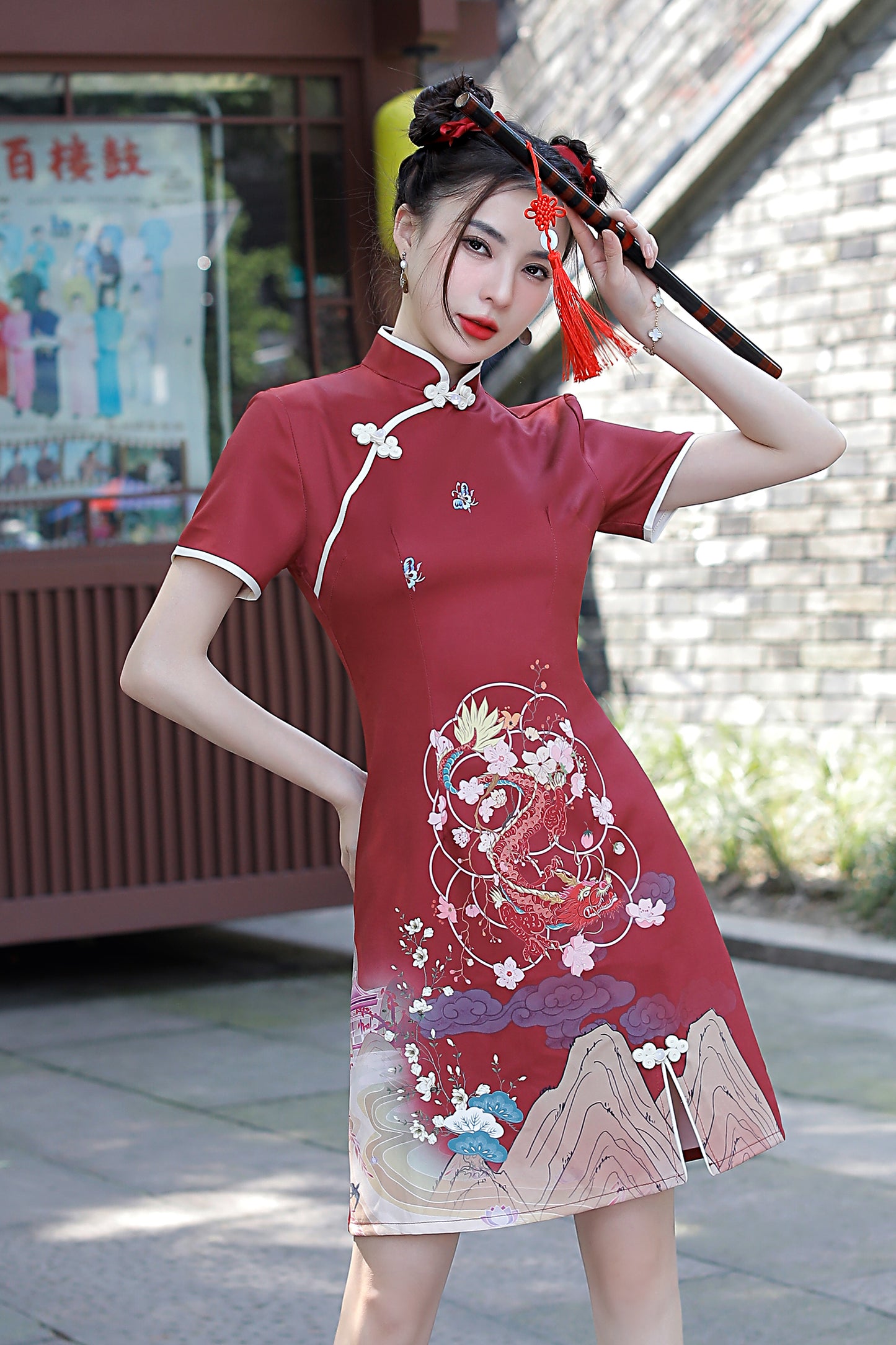 Women's Chinese Cheongsam Print Mini Dress