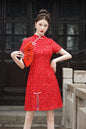 Women's Chinese Cheongsam Lace Embroidery Mini Dress