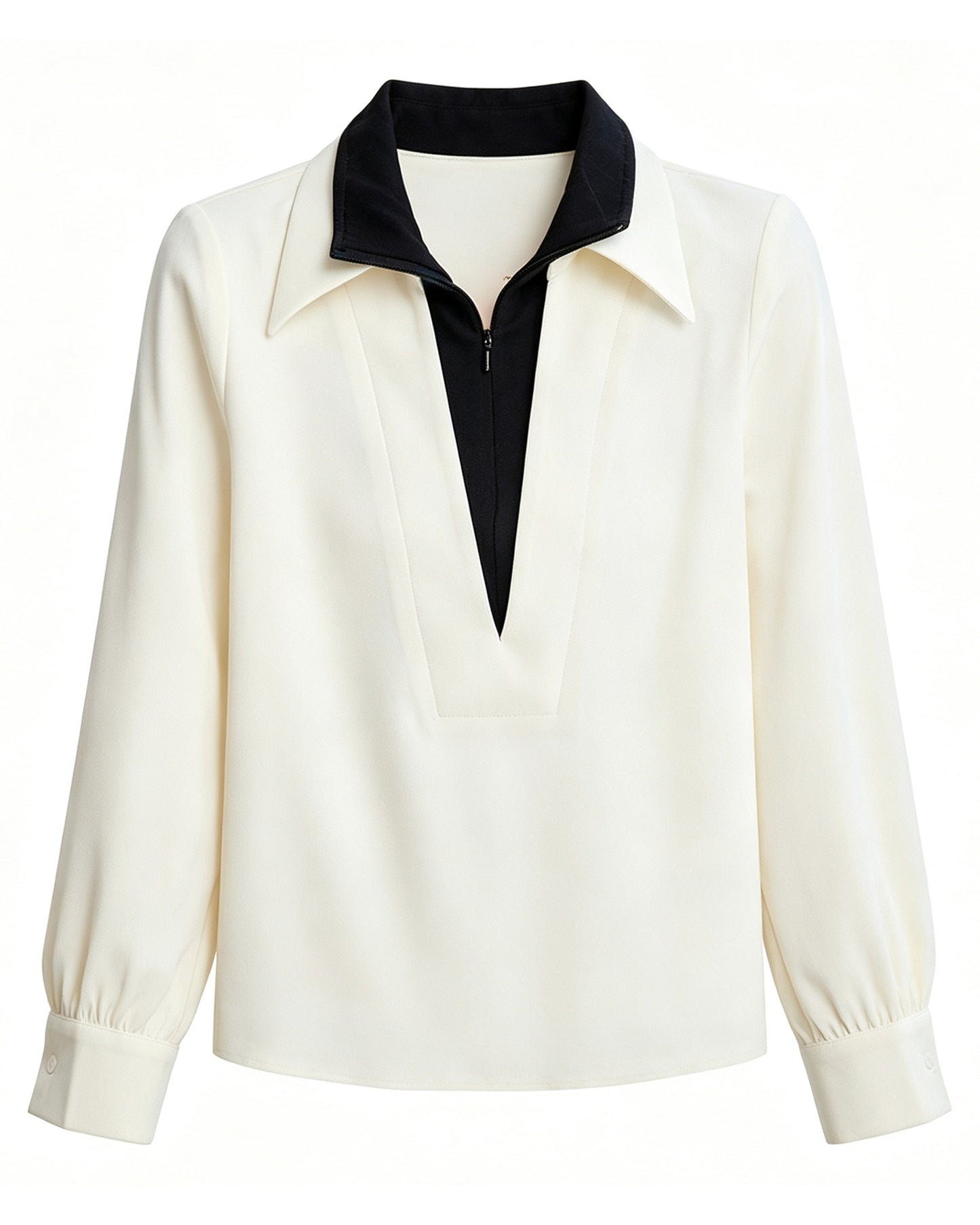 Color Block V-Neck Blouse - Contrast Half-Zip Lapel Collar Elegant Top