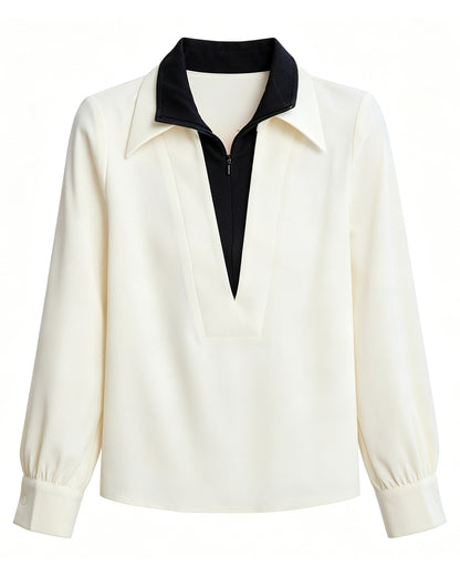 Color Block V-Neck Blouse - Contrast Half-Zip Lapel Collar Elegant Top