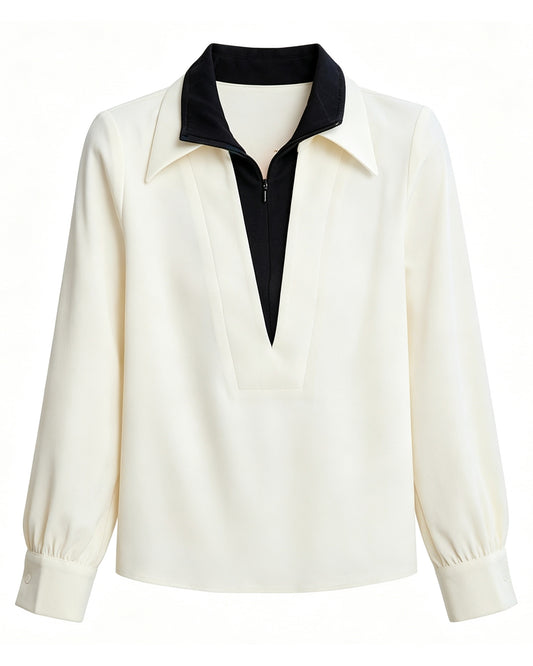 Color Block V-Neck Blouse - Contrast Half-Zip Lapel Collar Elegant Top