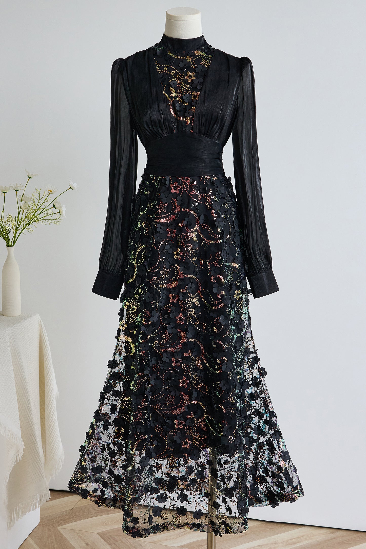 Elegant Sequin Embroidered 3D Floral Maxi Evening Dress