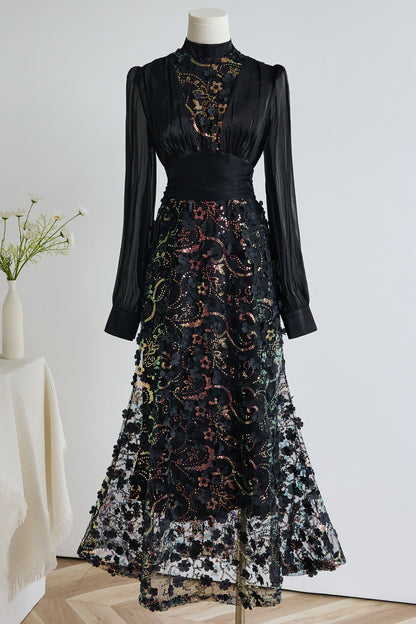 Elegant Sequin Embroidered 3D Floral Maxi Evening Dress