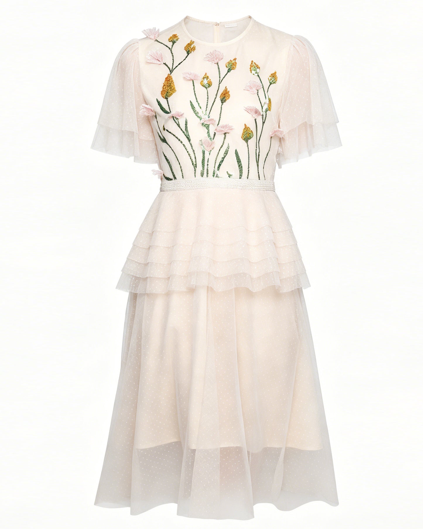 LAI MENG FIVE CATS Floral Embroidery Mesh Midi Dress
