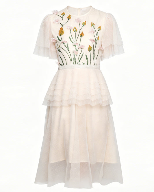 LAI MENG FIVE CATS Floral Embroidery Mesh Midi Dress