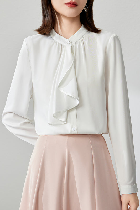 Women's Ruffle Shirt Tie Neck Long Sleeve Blouse