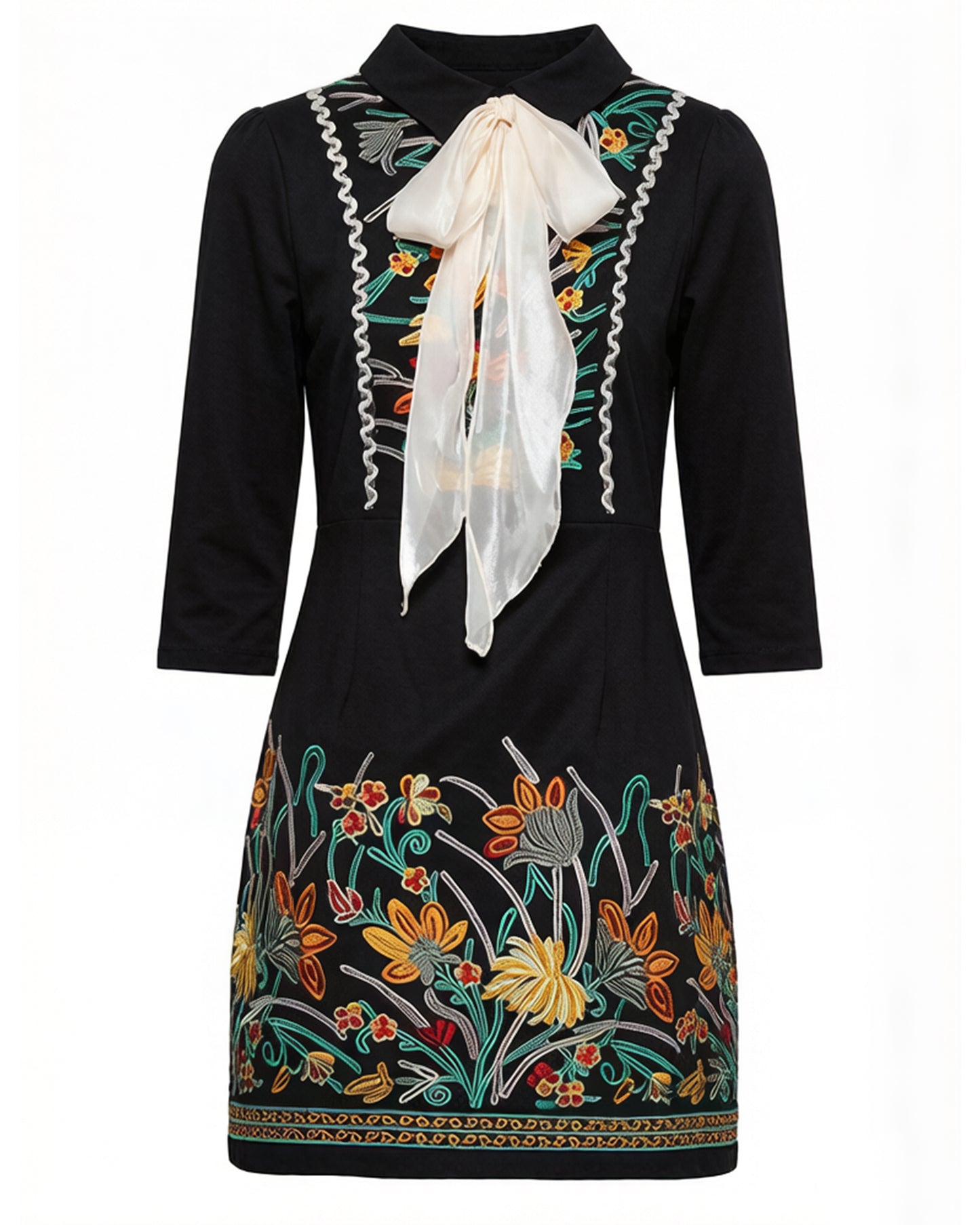 Black Embroidered Bow Tie Mini Dress – Vintage-Inspired Chic