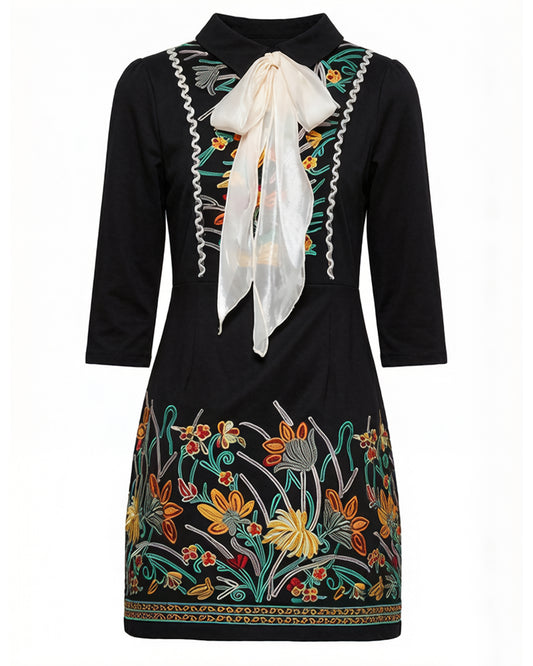 Black Embroidered Bow Tie Mini Dress – Vintage-Inspired Chic