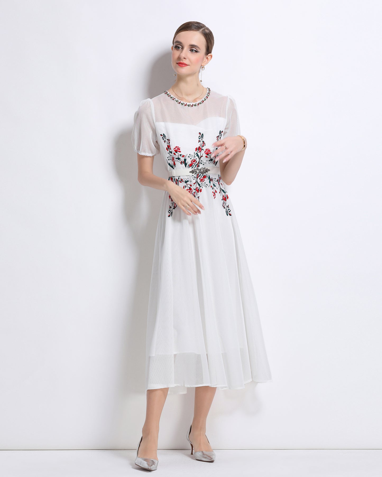 LAI MENG FIVE CATS Embroidered Mesh Floral White Midi Dress - LAI MENG FIVE CATS