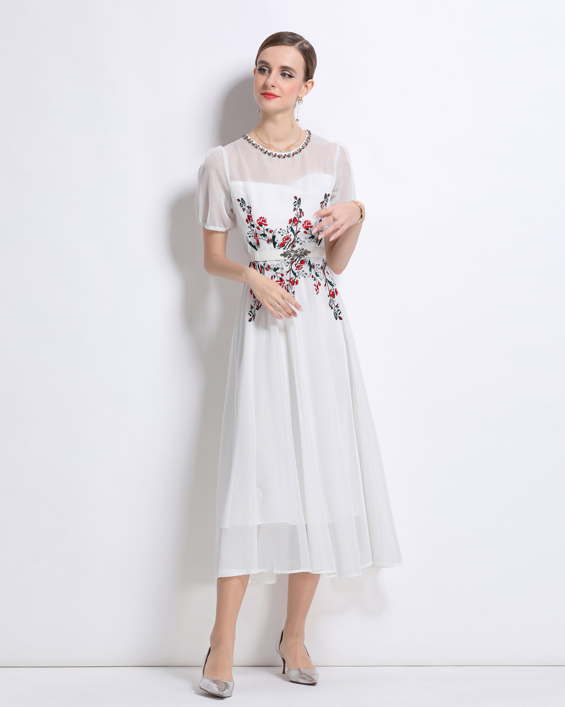 LAI MENG FIVE CATS Embroidered Mesh Floral White Midi Dress - LAI MENG FIVE CATS