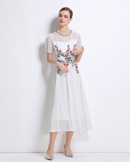 LAI MENG FIVE CATS Embroidered Mesh Floral White Midi Dress - LAI MENG FIVE CATS