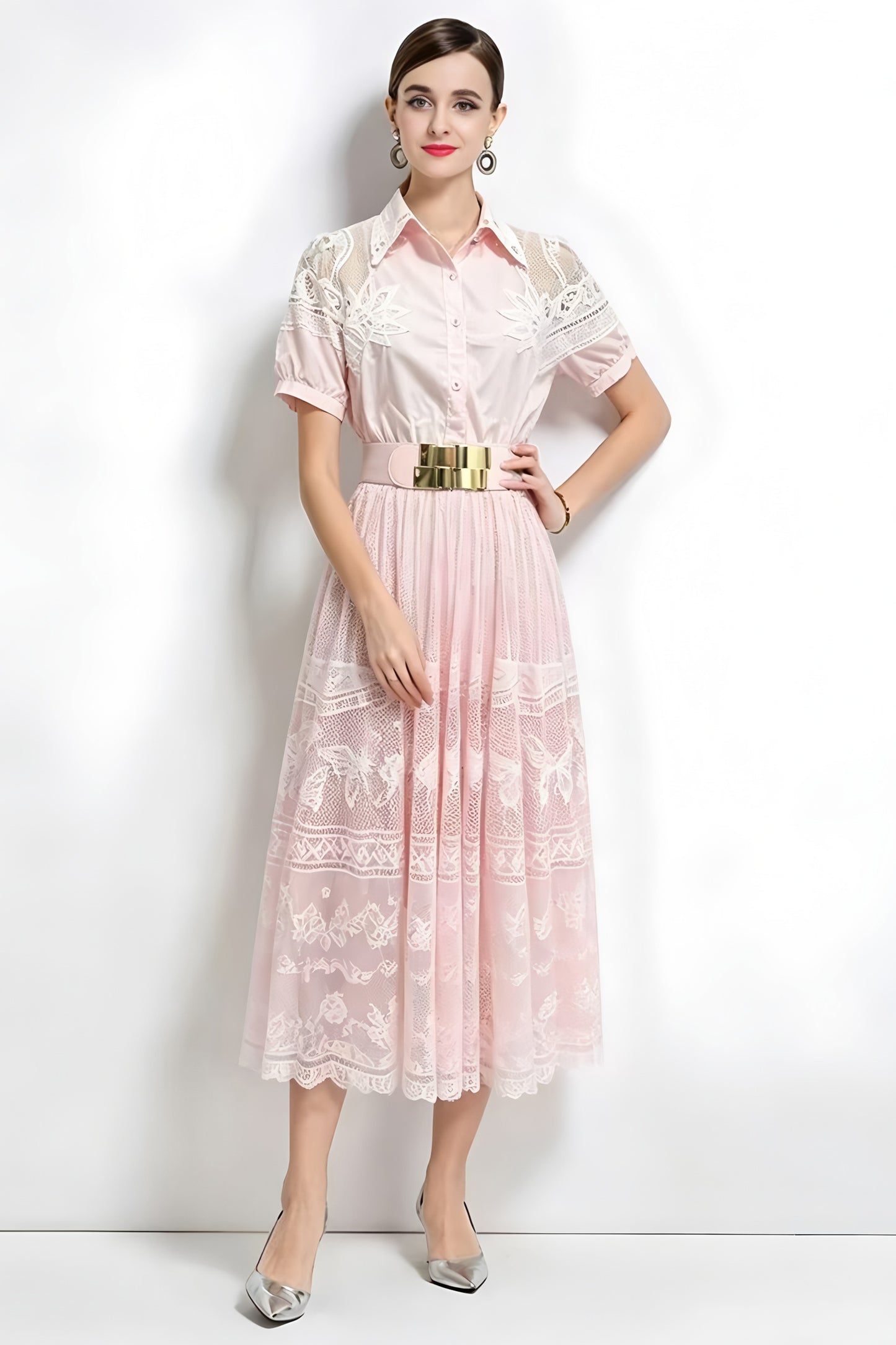 Romantic Pink Short Sleeve Lace Mesh Midi Dress with Belt