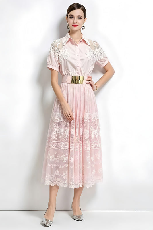 Romantic Pink Short Sleeve Lace Mesh Midi Dress with Belt
