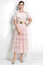 Romantic Pink Short Sleeve Lace Mesh Midi Dress with Belt