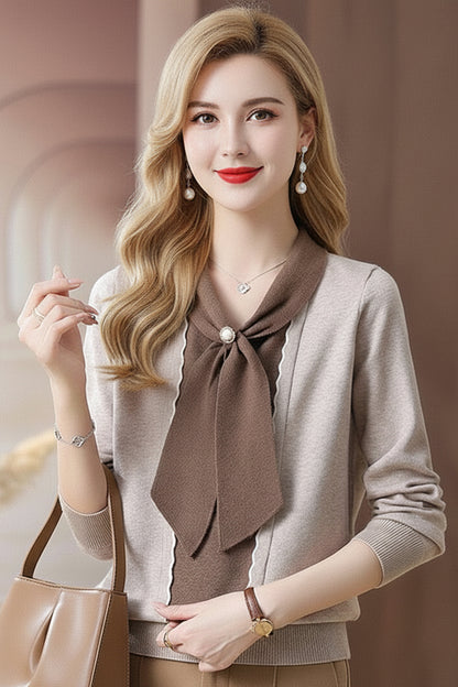 Women's Tie Neck Sweater Color Block Knit Pullover Tops