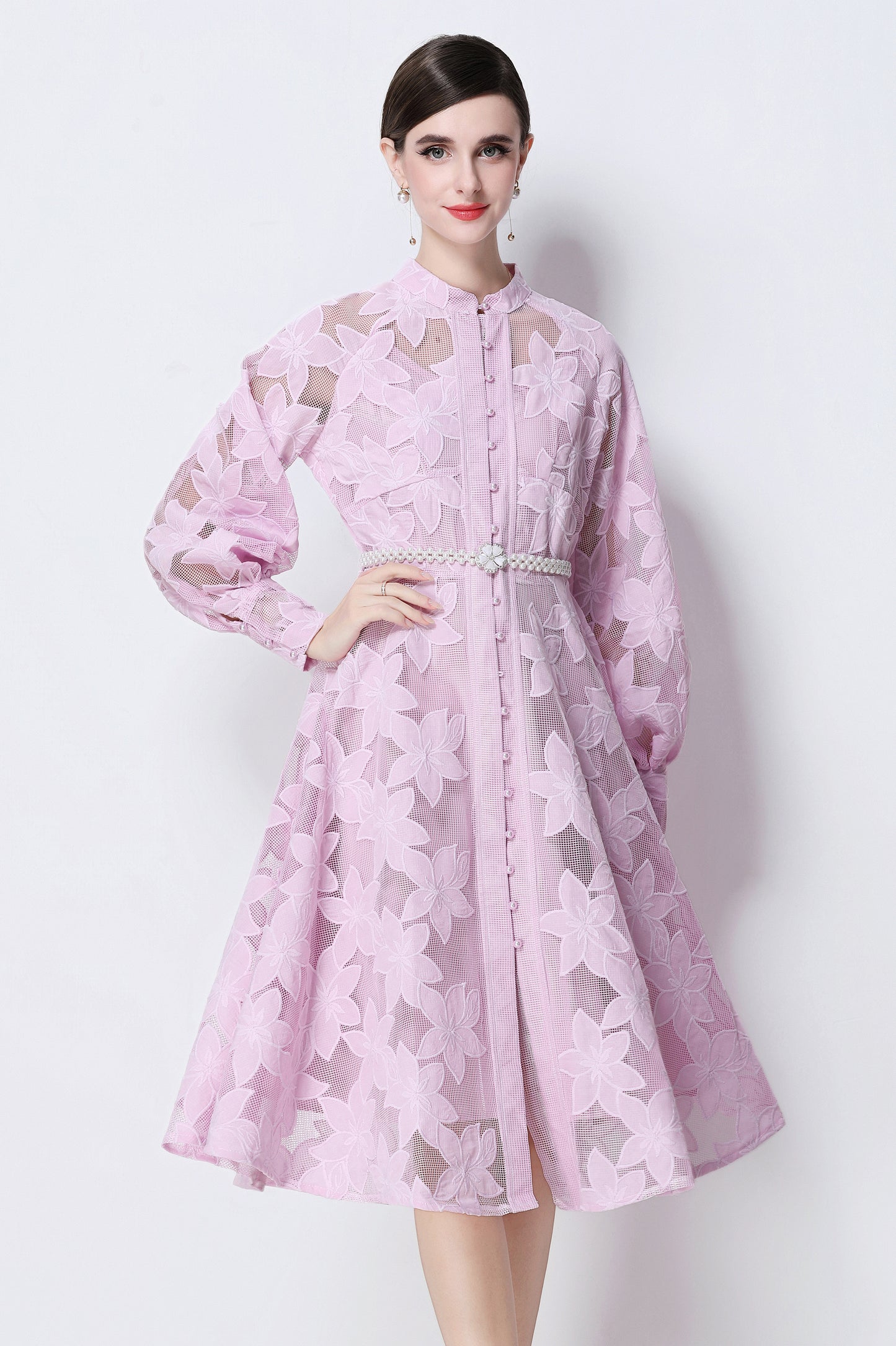 Women's Long Sleeve Eyelet Embroidery Button Midi Dress
