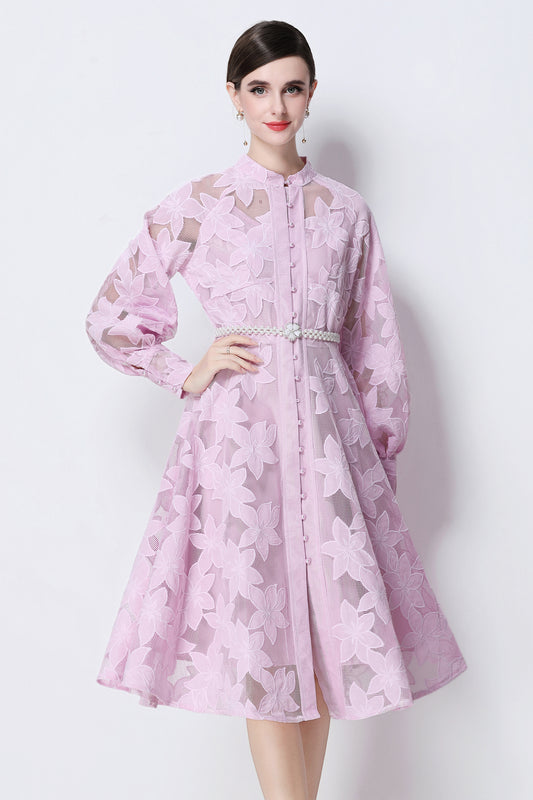 Women's Long Sleeve Eyelet Embroidery Button Midi Dress