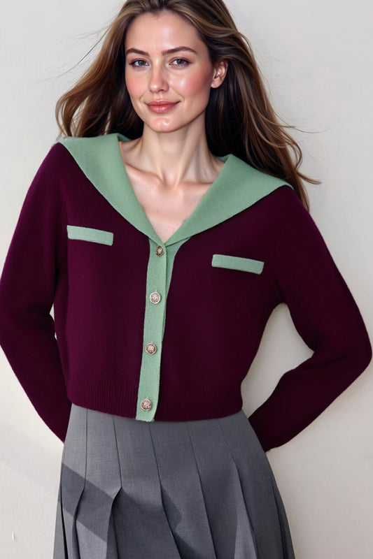 Women's Sailor Collar Long Sleeve Stripe Cardigan Sweater