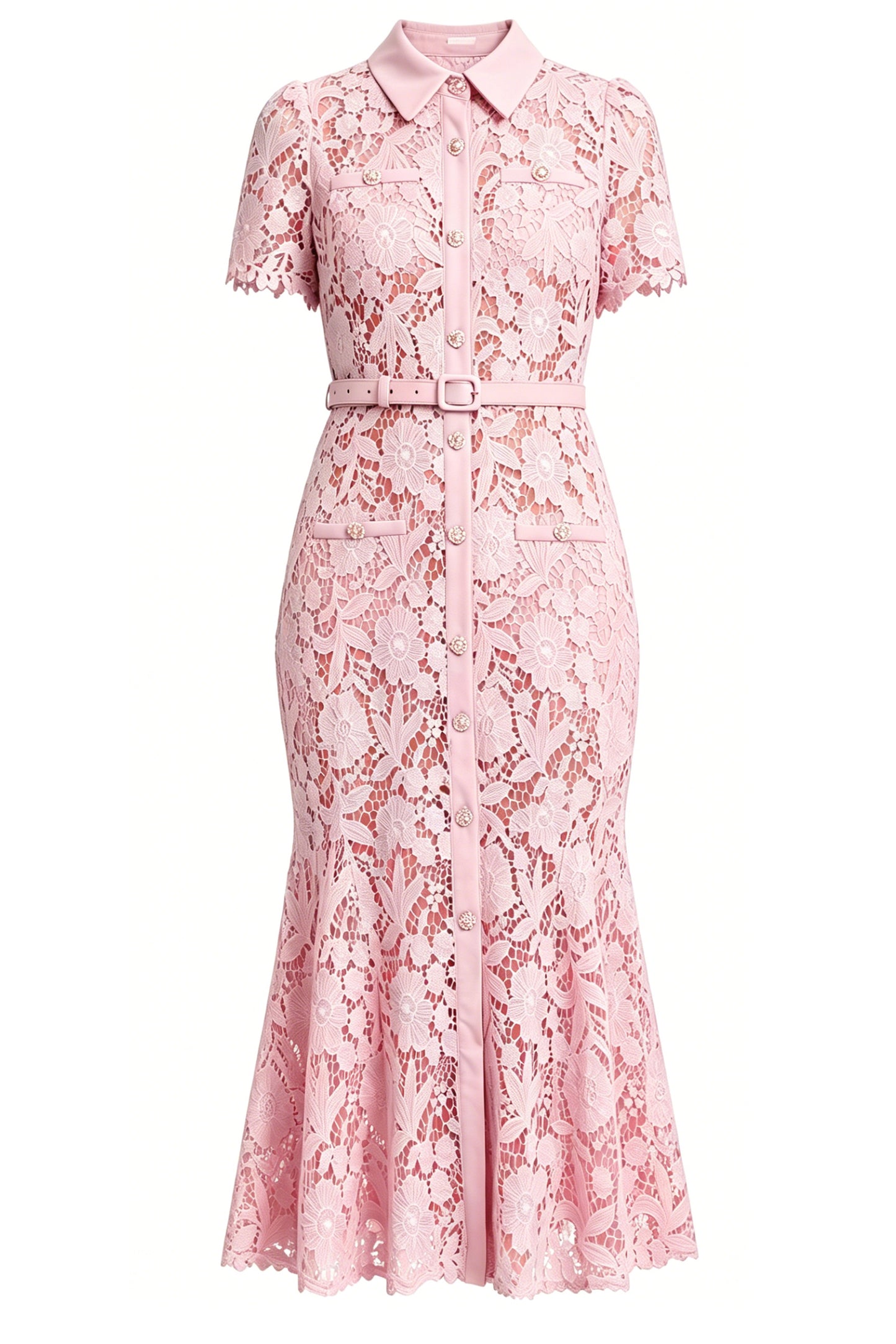 Lace Button Up Midi Fishtail Hem Dress With Belts