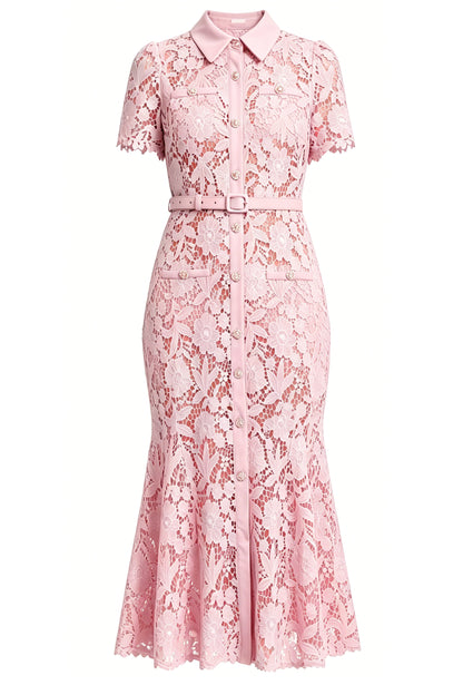 Lace Button Up Midi Fishtail Hem Dress With Belts