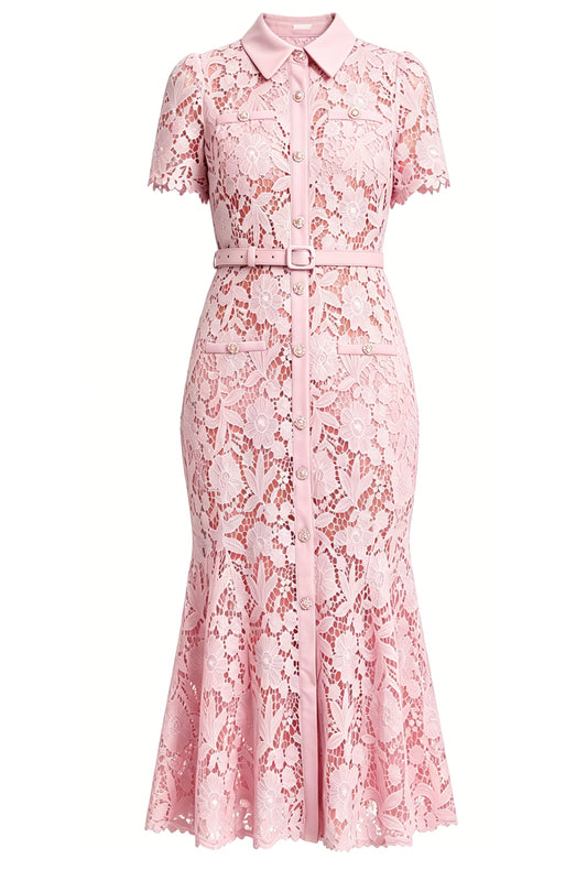 Lace Button Up Midi Fishtail Hem Dress With Belts
