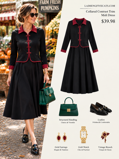 28724 Contrast Trim Collared Midi Dress - LAI MENG FIVE CATS