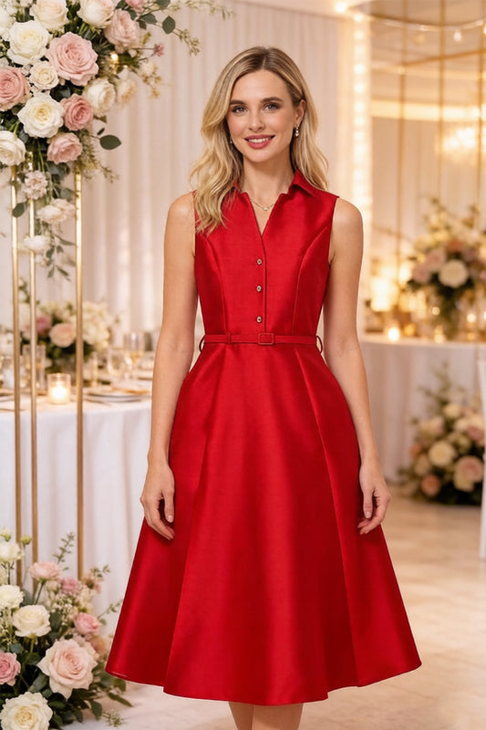 Elegant Red Fit & Flare Midi Dress with Belt & Pockets